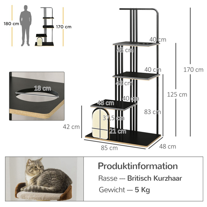 PawHut Cat Tree 170см Велике котяче дерево з подушкою, дошка для кігтеточок, 3 платформи, сталеві меблі для кішок у чорному кольорі| Аосом
