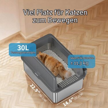 Лоток для великих котів Zarler XL з кришкою та високими бортами, нержавіюча сталь, сірий (58x37x26 см)