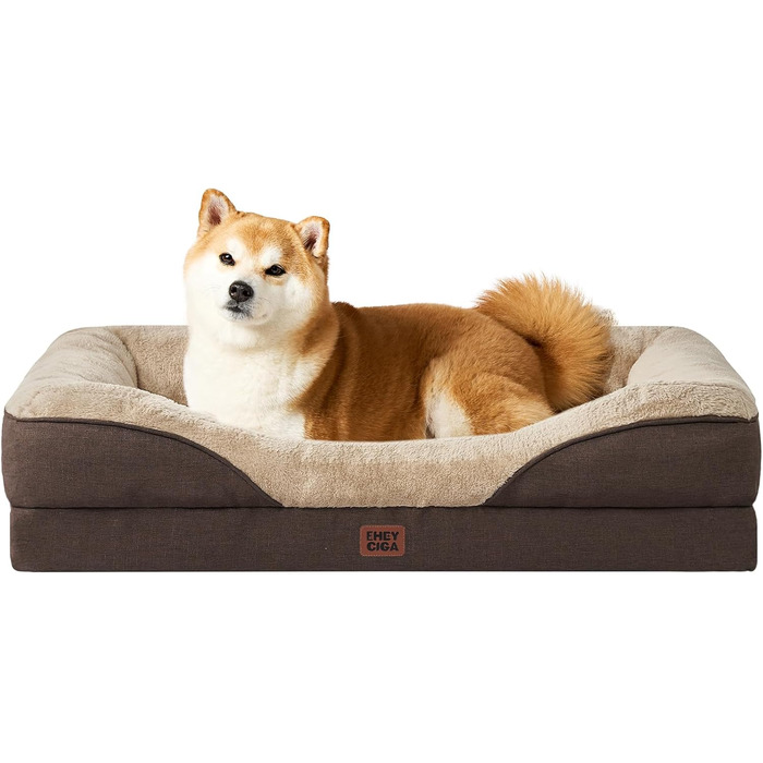 Ортопедичне ліжко для собак середніх порід EHEYCIGA, 91x68x17.5 см, з memory foam, водонепроникне, з 4 бортиками, коричневе