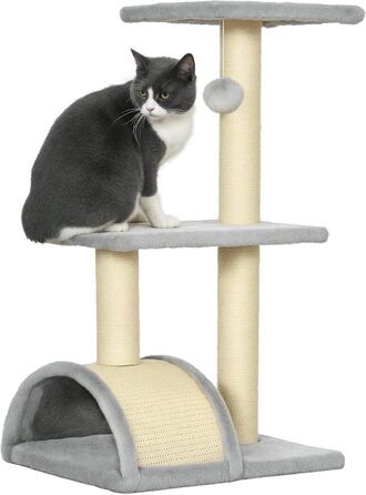 Кігтеточка PawHut для котів 72 см: багатоярусна, з м'ячиками, сизаль, платформа, дряпальня, для середніх котів, кремово-білий (світло-сірий)