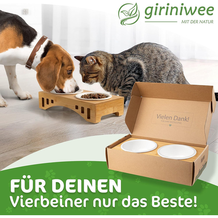 Миска для котів та тварин Giriniwee з бамбукового каркасу, 2 керамічні миски по 400 мл, піднята подвійна миска для кошенят, собак