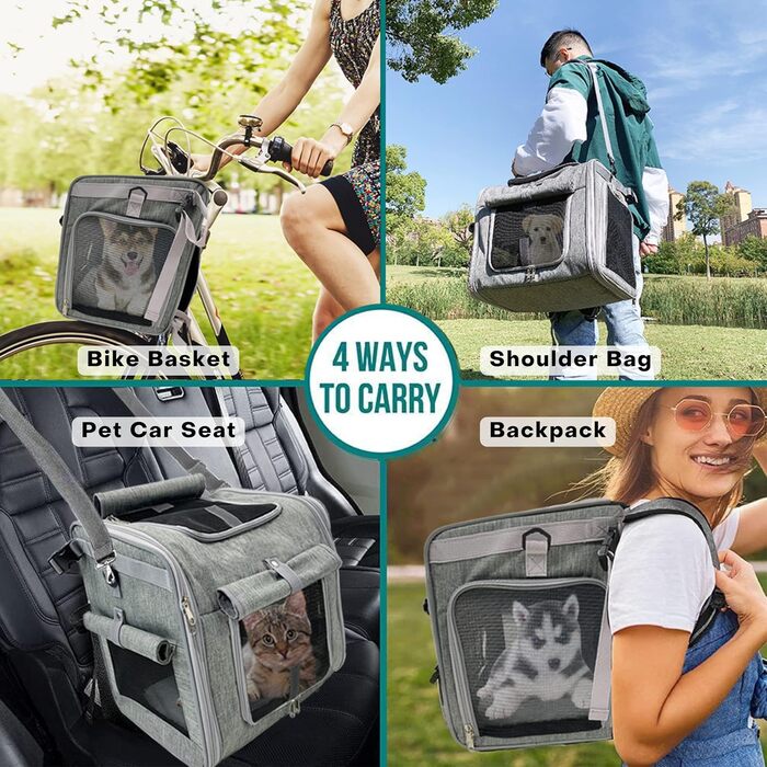 Рюкзак-переноска для собак та котів, сірий, з розширенням, м'який, світловідбиваючий, з 4 дверима та сітковими вікнами (для малих та середніх собак, кошенят, цуценят)