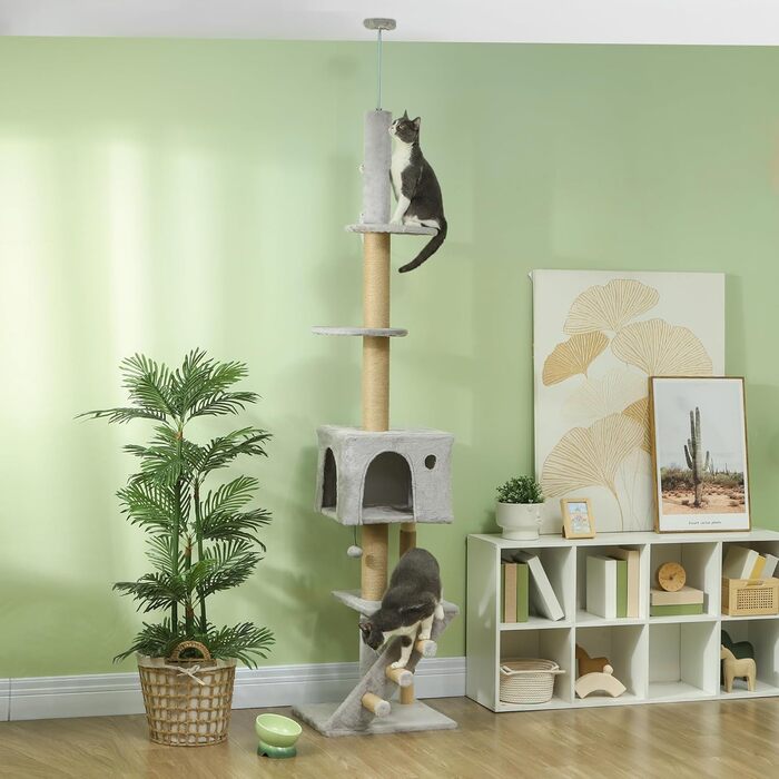 Кігтеточка PawHut Boden bis zur Decke для котів, 225-265 см, з регульованою висотою та платформами, сіра