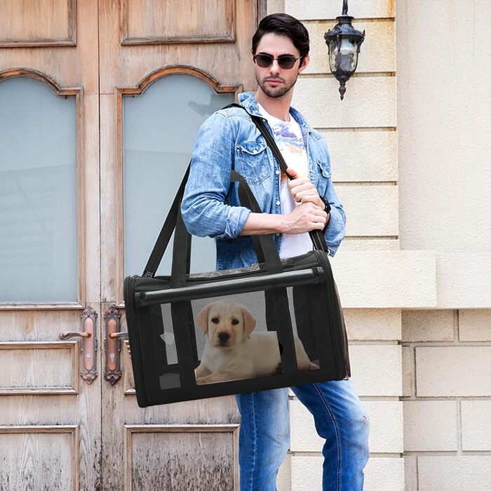 Транспортна переноска для собак та котів PETCUTE, складана, з внутрішнім ременем безпеки, схвалена авіакомпаніями, дихаюча, для подорожей та прогулянок (чорна)