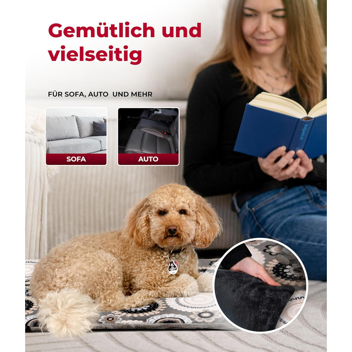 Лежак для собак HS-Hundebett, двосторонній, 65x95 см, антрацит, м'який наповнювач 3 см, для дивану, авто та перенесення, Mandala, вироблено в Німеччині