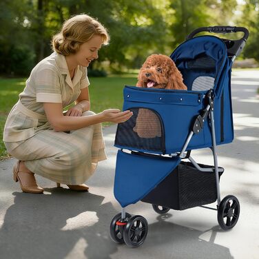 Візок для собак та котів COSTWAY, складна конструкція, до 15 кг, 3 колеса, з м'яким сидінням, регульованим козирком, ручкою, сітковими віконцями та кошиком, блакитний