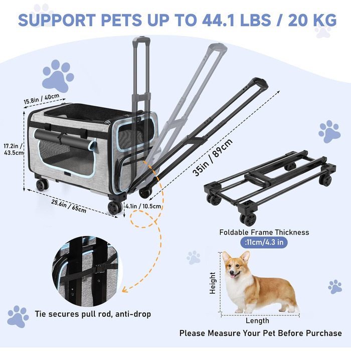 Транспортер для тварин на колесах для котів та собак, сумка-переноска з знімними колесами та пральним вкладишем, плечовий ремінь, портативний транспортер для відпочинку на природі та подорожей на авто (Макс.20 кг)