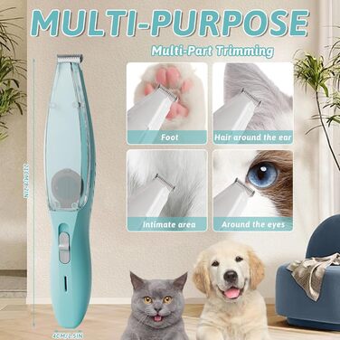 Професійний триммер для собак з пилососом та LED-підсвічуванням, для грумінгу лап, вух, обличчя. Підходить для собак та котів (Блакитний)