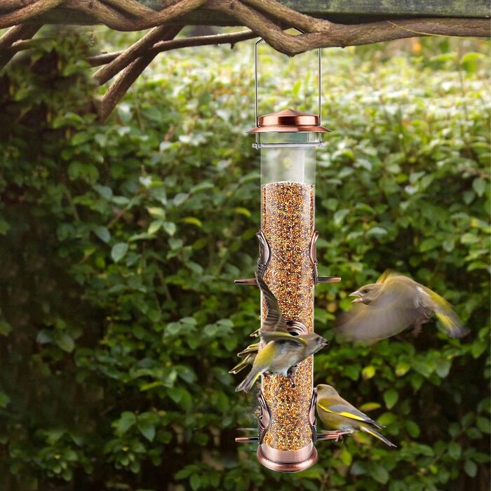 Металева годівниця для птахів з підвісним тросом, 6 відділень, для насіння, антична мідь