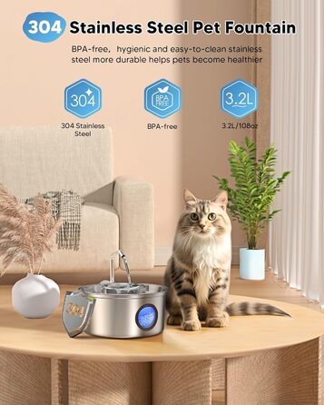 Автоматичний фонтан для котів Kittyspout 3.2L з нержавіючої сталі, прозоре вікно, знімна чаша, тиха помпа, 5-шарова фільтрація