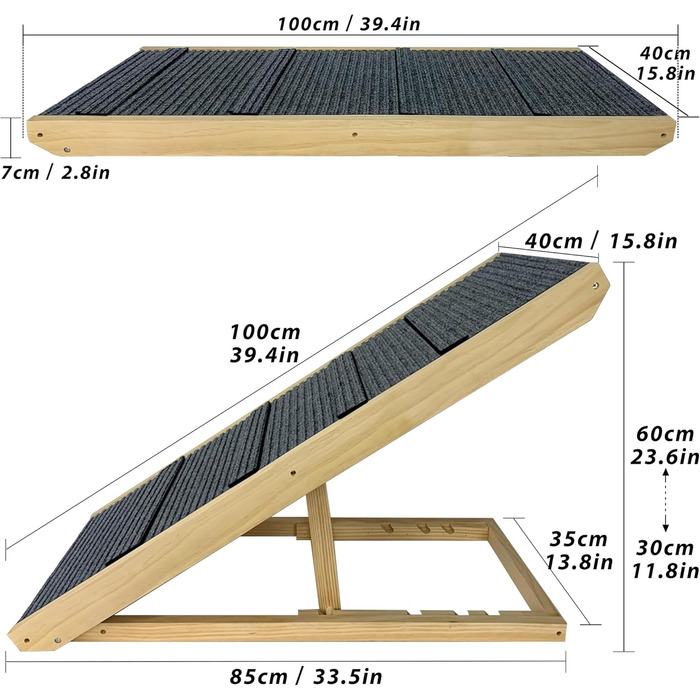 Рампа для собак YRHome, 100x40x60 см, дерев'яна, для великих собак та котів, до 100 кг, регульована висота, антиковзаюча, для ліжка, дивана, авто
