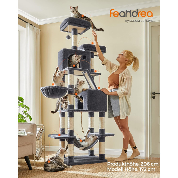 Котячий будиночок Feandrea XXL: багатоповерховий котячий комплекс 206 см, з 13 стовпчиками для шліфування, 2 платформами, 2 печерами, гамаком та іграшками, сірий