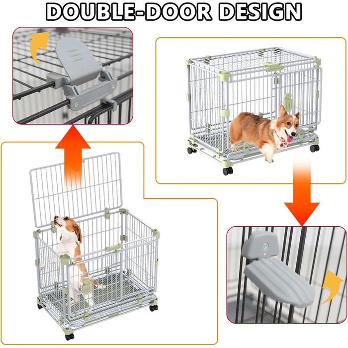 Транспортна переноска для собак, вольєр, переноска для тварин, складана, металевий каркас, 2-3 ярусна, з подвійними дверцятами, антизламна, з колесами та піддоном, легка у прибиранні (рожева, 76.5 x 48 x 61 см)