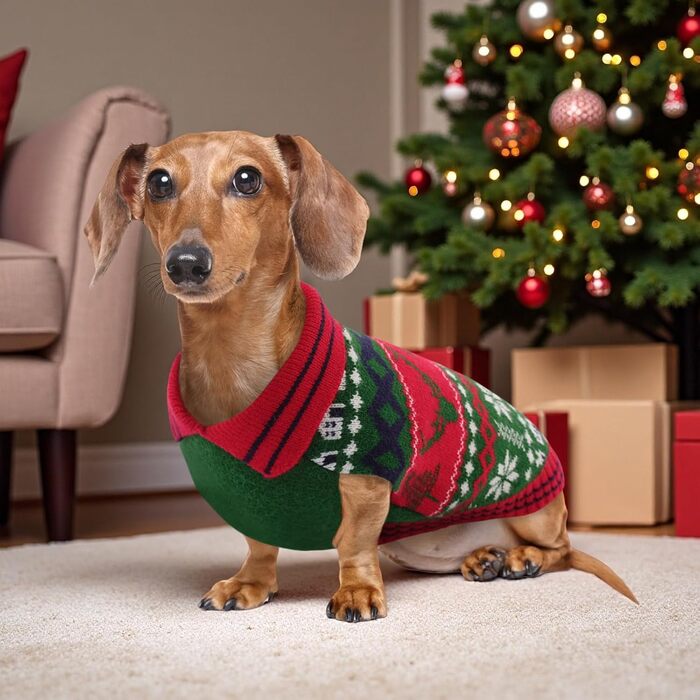 Світер для собак KONVINIT з різдвяним дизайном (олень, сніжинки, ялинка). Теплий різдвяний костюм для собак, зелений, XXL (71 см обхват грудей)