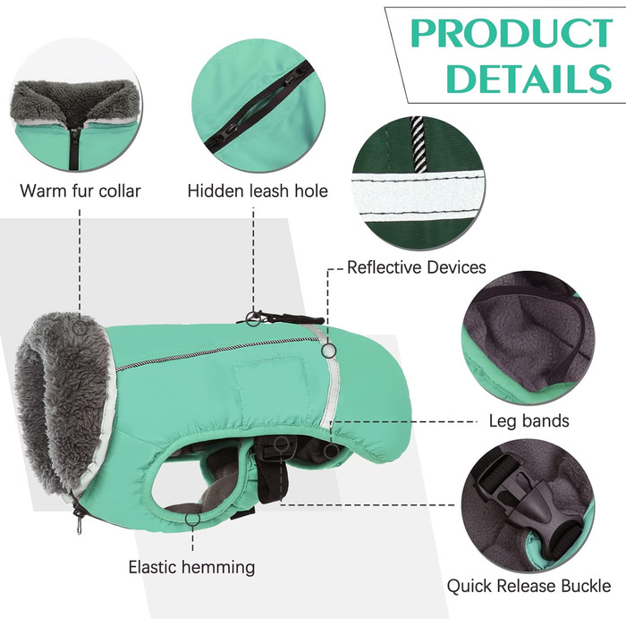 Зимовий одяг для собак QBLEEV: теплий, водонепроникний, з флісовою підкладкою, для холодної погоди, розмір L (Турквіс)
