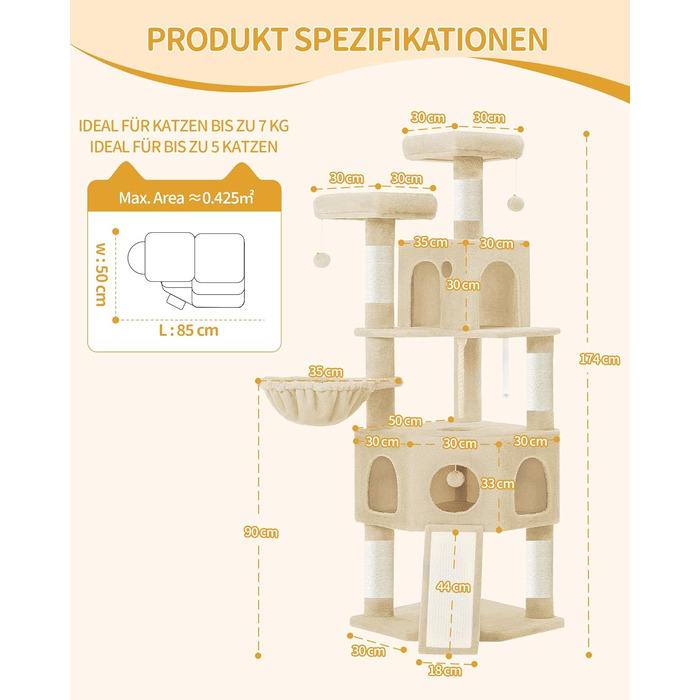 Кігтеточка для котів Hzuaneri, 174 см, XL, 2 платформи, 2 печери, 4 стовпчики, дошка для шліфування кігтів, мотузка з сизалю, плюшеві кульки, для кількох котів, MS17418LG (Бежевий)