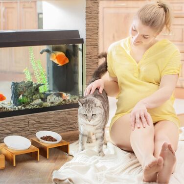 Набір мисок для котів Relaxdays з травою для котів, 2 керамічні миски по 350 мл, бамбуковий підставник, придатні для миття в посудомийній машині, натуральний/білий