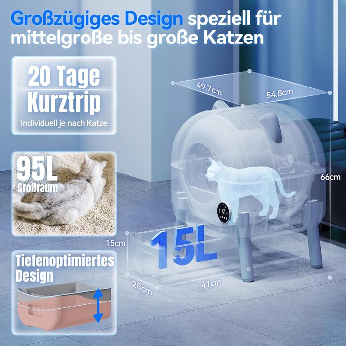 Автоматичний лоток для котів Devoko з самоочищенням, великий об'єм, керування через додаток, LED-підсвічування, килимок, для котів до 12 кг