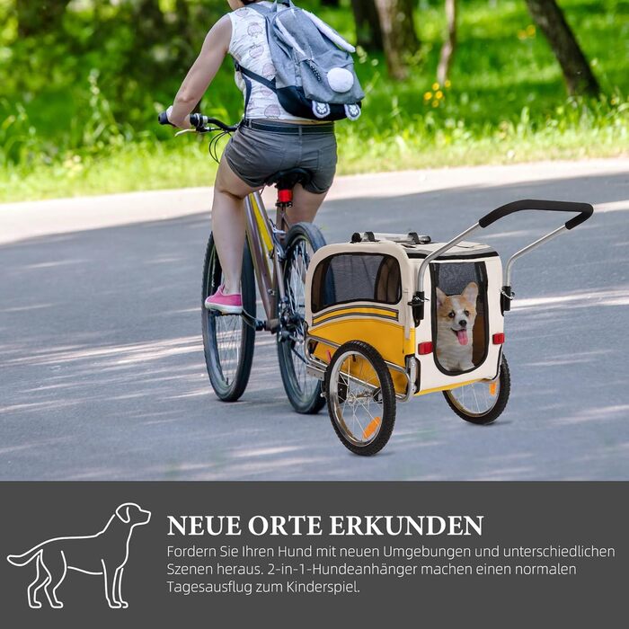 Причеп-перевозник для собак 2-в-1 для велосипеда та бегу - для собак до 30 кг, складний, з гальмами, сигнальним прапорцем, для активного відпочинку та дому, легко збирається (Жовтий)