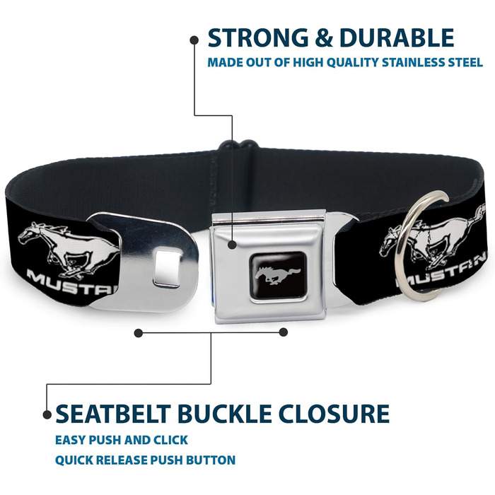 Нашийник для собак Buckle Down Ford Mustang, чорний/сріблястий, 22,9–38,1 см