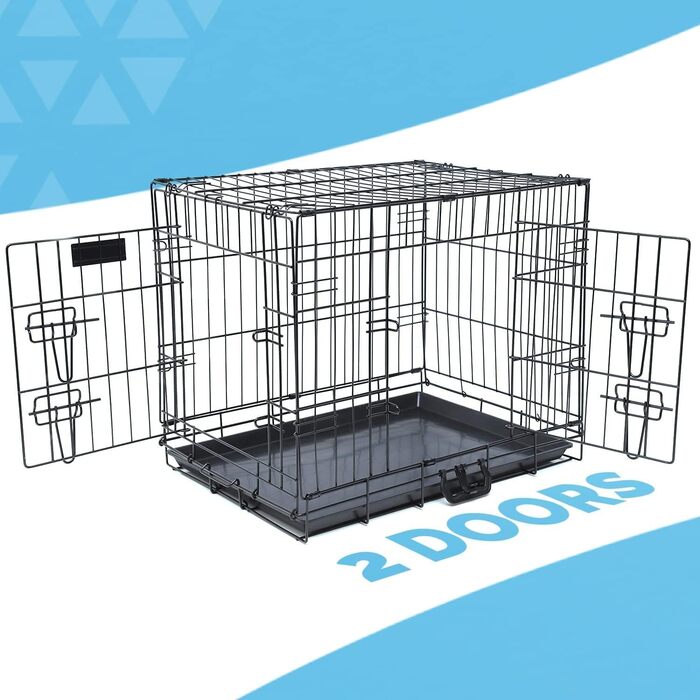 Клітка для собак XXL 122 см, металева, з 2 дверима, пластикова основа, чорна, для дресирування цуценят, переносна
