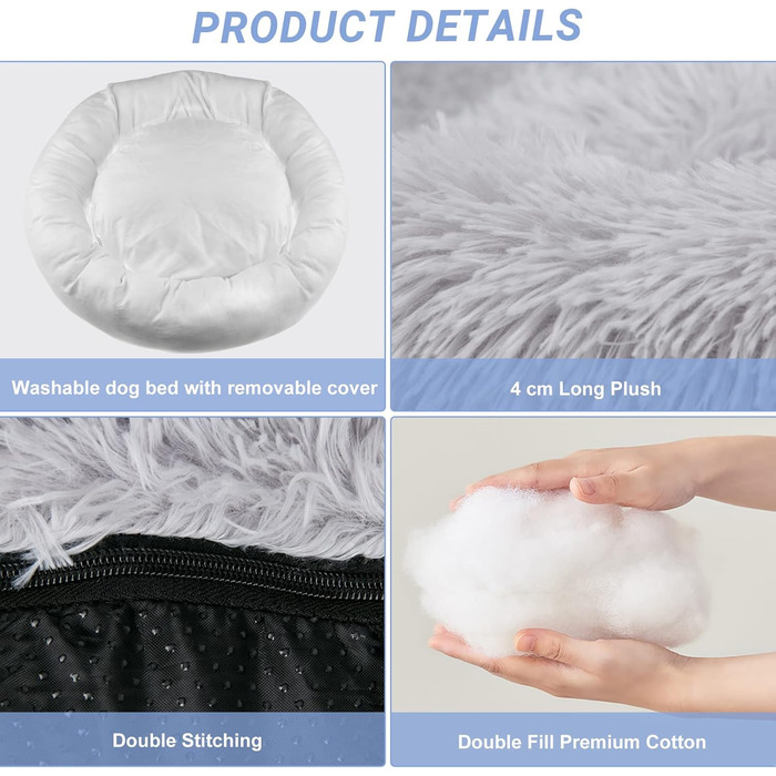 Заспокійливе ліжко для собак знімний чохол, миється, ліжко-пончик проти тривоги, м'яке, кругле, затишне, плюшеве, тепле, 60 см, світло-сірий, зовнішній діаметр 60 см (M), чорний