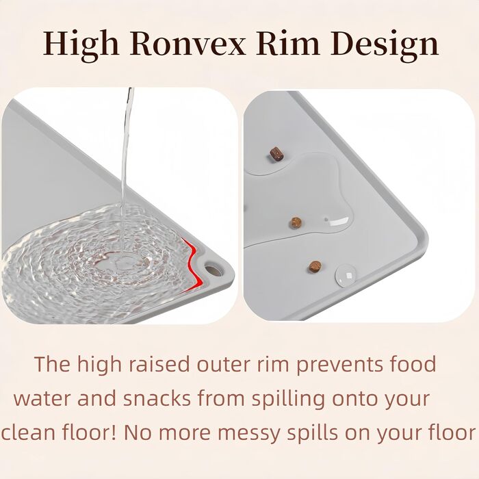 Силіконова килимок для годування домашніх тварин, 50,8 x 40,6 см, вологостійкий, для собак та котів, з антиковзаючою основою, з бортиками, легко миється, сірий