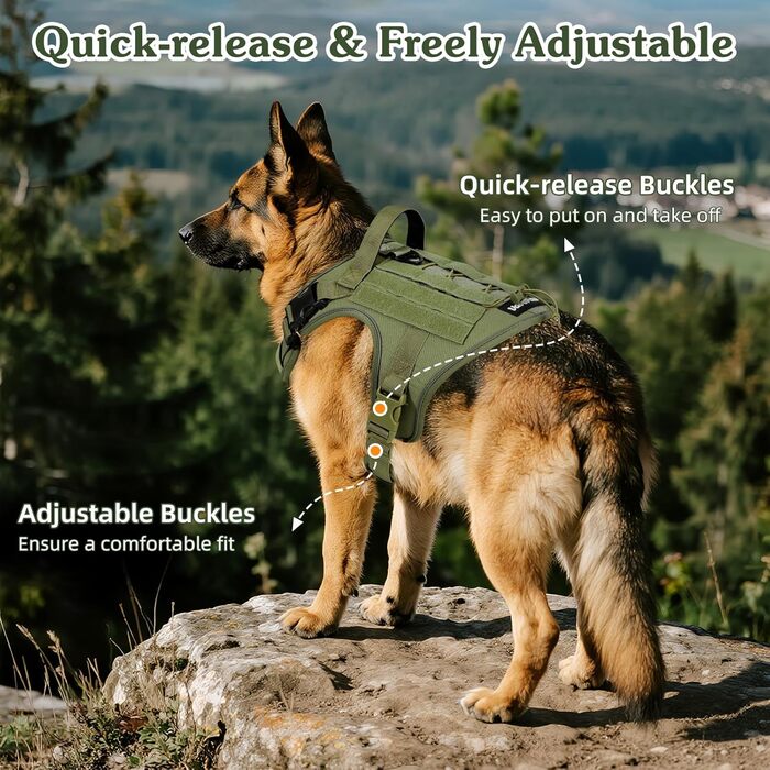 Тактичне обіднє нашийник для собак VavoPaw з MOLLE панеллю та світловідбиваючими смугами, армійного кольору, розмір L (45-80 фунтів)