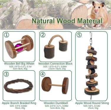Іграшки для гризунів Goter: набір з 10 шт. з яблуневої деревини. Іграшки для хом'яків, щурів, шиншил. Натуральні ласощі та аксесуари для тварин.