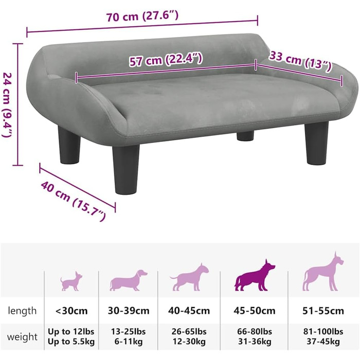Крісло-ліжко для собак, м'яке лежання для тварин, лежанка для маленьких собак та котів, світло-сірий велюр, vidaXL