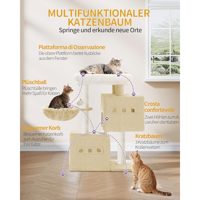 Дерево для кігтів Hzuaneri Kratzbaum 75 см, стійкий, з великою лежанкою, гrottoм, сизалевими стовпами, кошиком та іграшками, меблі для котів, MS07618LG (55 x 30 x 75 см, бежевий)