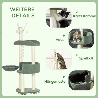 Дерев'яний будиночок для котів PawHut 123H - когтеточка, ліжко, іграшки, сизаль, плюш, кремово-білий+зелений