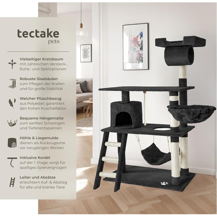 Tectake Когтеточка для котів 141 см, котячий будиночок з гамаком, ігровою мотузкою, драбинкою, печерою, іграшкою, плюш-сизаль, для дому, чорна, широкий