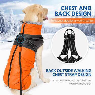 Зимовий теплий пуховик для собак, водонепроникний та вітронепроникний, з інтегрованим шлейкою, світловідбиваючими елементами та блискавкою - ідеальний для холодної погоди та снігу (Помаранчевий, S)