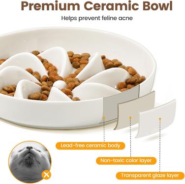 PETTOM Миска для котів протиковзаюча піднята, керамічна миска для котів, повільна годівниця для котів, миска протиковзання для котів та маленьких собак, біла миска + підставка (миска біла-квітка + підставка)