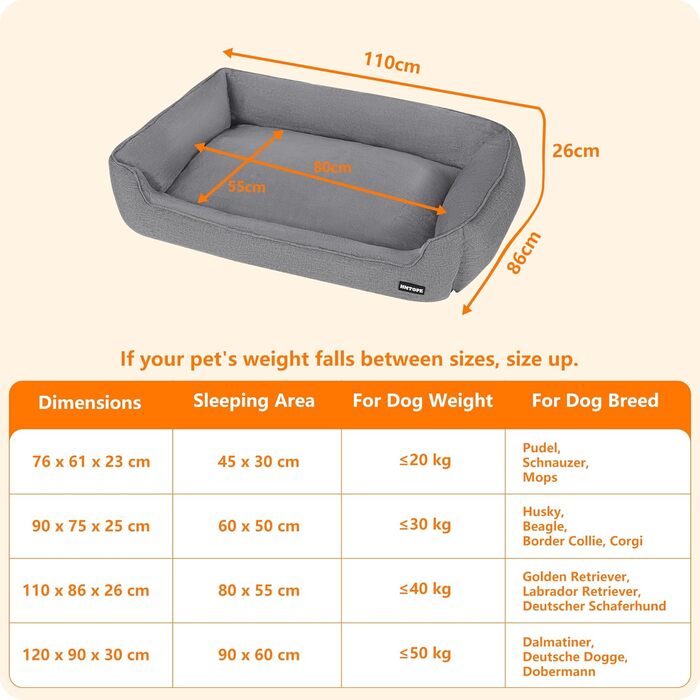 Ліжко для собак, м'яке, знімний чохол, світло-сірий колір, 110 x 86 x 26 см
