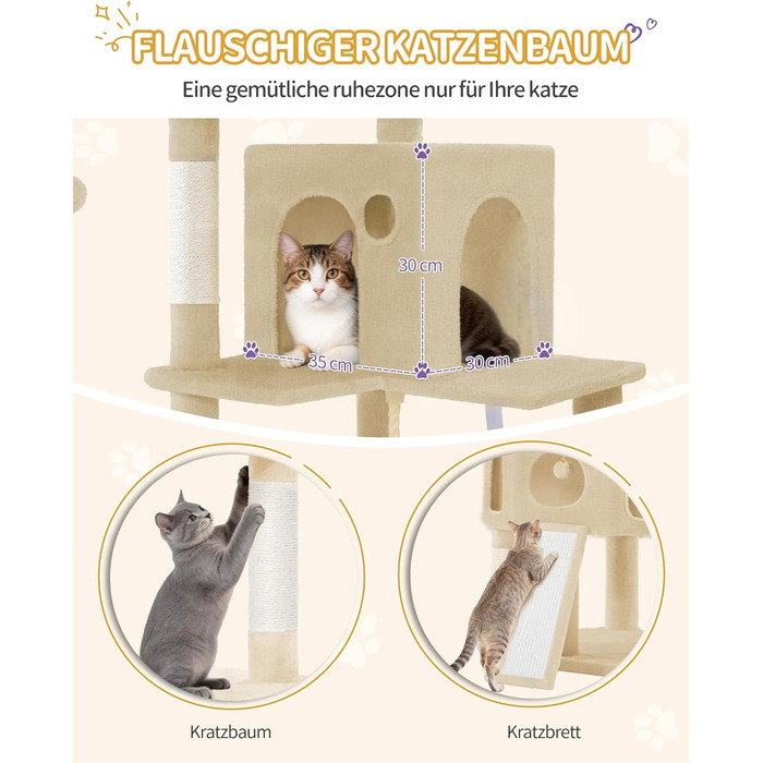 Кігтеточка для котів Hzuaneri, 174 см, XL, 2 платформи, 2 печери, 4 стовпчики, дошка для шліфування кігтів, мотузка з сизалю, плюшеві кульки, для кількох котів, MS17418LG (Бежевий)
