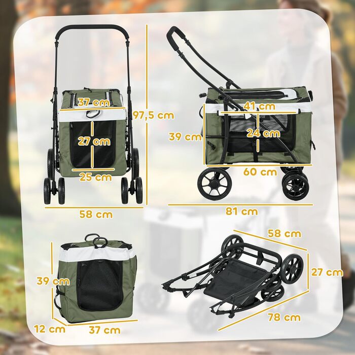 Візок для собак та котів PawHut 2-в-1, складний, до 10 кг, з подушкою, сіткою, дверима та кошиком для зберігання, темно-зелений