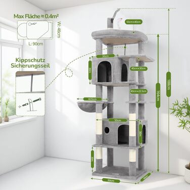 Комплекс для котів Globlazer Kratzbaum 188 см з 2 будиночками, платформами, кошиком та іграшками - світло-сірий