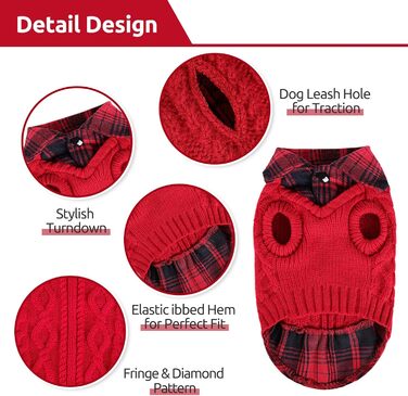 Теплий собачий светр у клітинку з коміром-горловиною та отворами для повідка – зимовий одяг для собак маленьких, середніх та великих порід. Светр для котів на Різдво, червоний, розмір M, червоний
