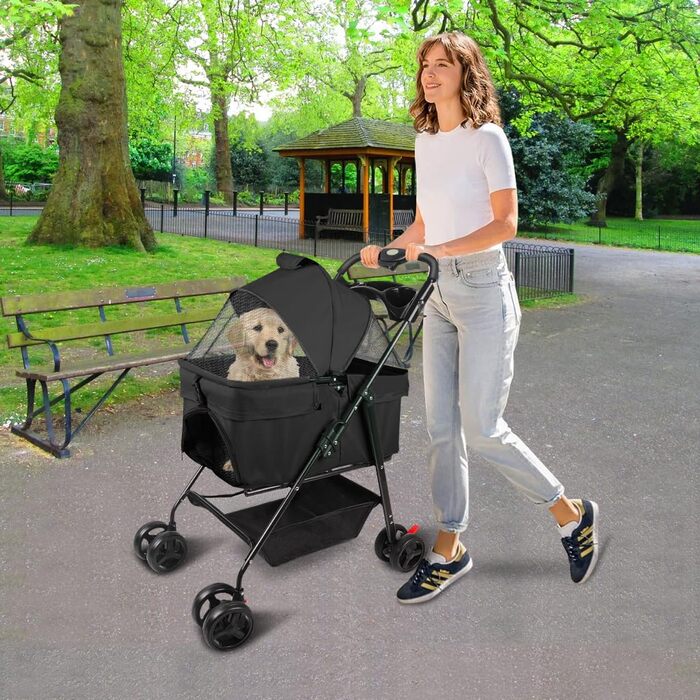 Візок для собак та котів OHMG Hundebuggy, до 25 кг, чорний, з сітчастим вікном та тримачем для напоїв