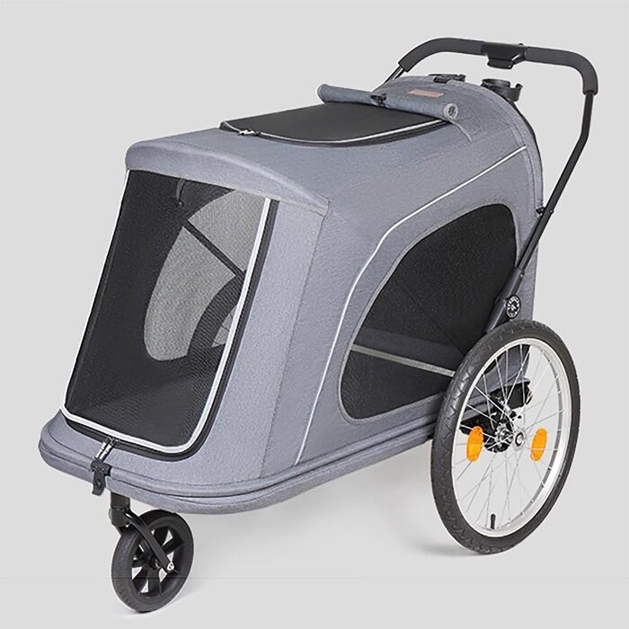 Легкий велопричіп для тварин, великий возик, складний причіп в один клік, для собак до 45 кг, великих собак та котів сірого кольору