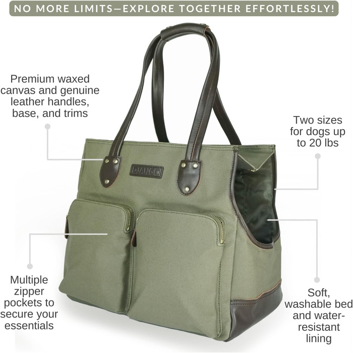 Сумка-переноска для собак DJANGO - велика, оливковий, waxed canvas та шкіра. Безпечний поводок-кріплення та кишені на блискавці
