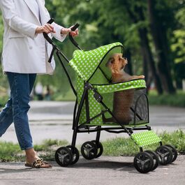 Візок для собак маленьких порід, 4,5-10 кг, візок для цуценят, візок для середніх собак, візок для котів, візок для 2 котів, задній простір для зберігання, леопардовий принт (зелені крапки)