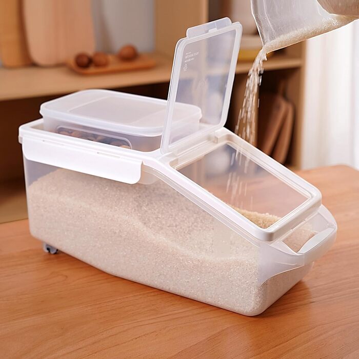 Контейнер для корму з колесами і мірною чашею, герметичний, BPA Free, верхня кришка, для сухого корму котів і собак, білий, розмір L