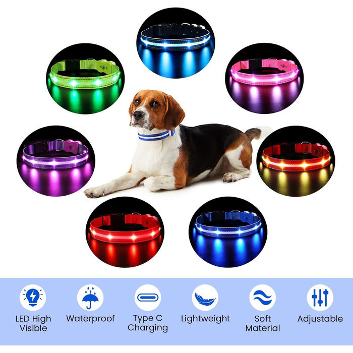 Світлодіодна нашийник для собак ASBRILL з підзарядкою, 7 кольорів RGB, 8 світлодіодів, регульований, вологостійкий, для маленьких, середніх та великих собак (S, блакитний)