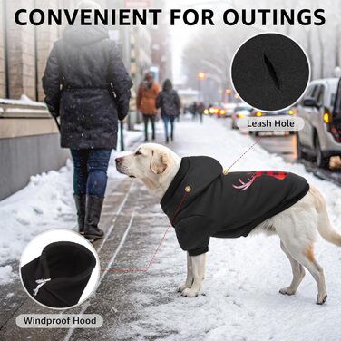 Светр для собак SCENEREAL з капюшоном, теплий фліс, для холодної погоди, костюм на Хелловін, отвір для повідка, листя клена, розмір S (X-Large, чорний, принт 