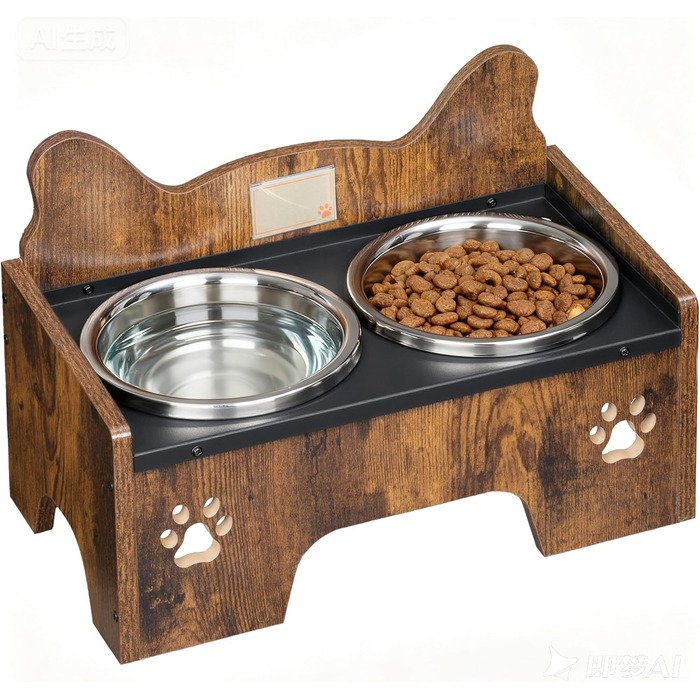 Підвищена годівниця для собак Hzuaneri з двома мисками, нержавіюча сталь, захист від бризок, антиковзаюча, безшумна, для малих та середніх собак, вінтажний коричневий, PB01601B