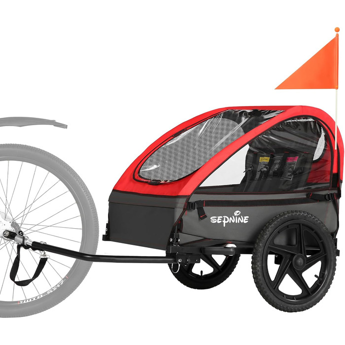 Дитячий велопричіп Sepnine для 1-2 дітей, від 12 місяців, швидко кріпиться, складаний, з 5-точковим ременем та кишеньками для зберігання. BT609-Червоний