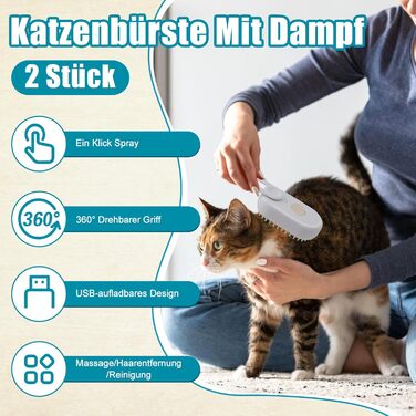 Парова щітка для котів та собак, 2 шт. з розпилювачем, для короткої та довгої шерсті, видалення шерсті, догляд (біла)